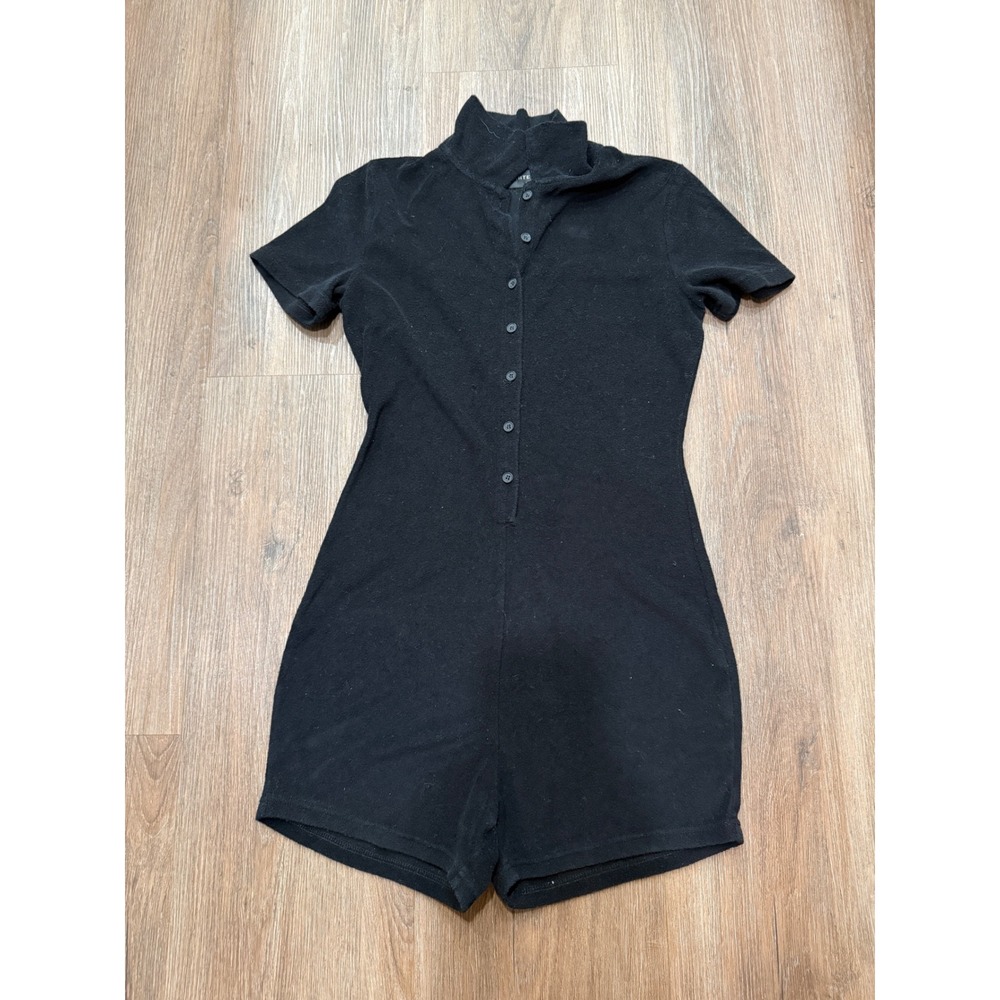 WHITE FOX Black Mock Neck Short Sleeve Button Front Romper Women's Medium